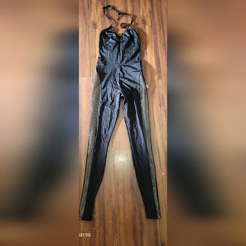 Black Halter Jumpsuit with Side Mesh Panels